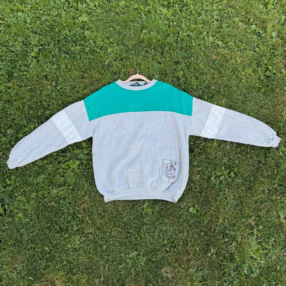 Stats Townsley Activewear Sweatshirt XL Grey Teal Vintage 90s Colorblock Graphic